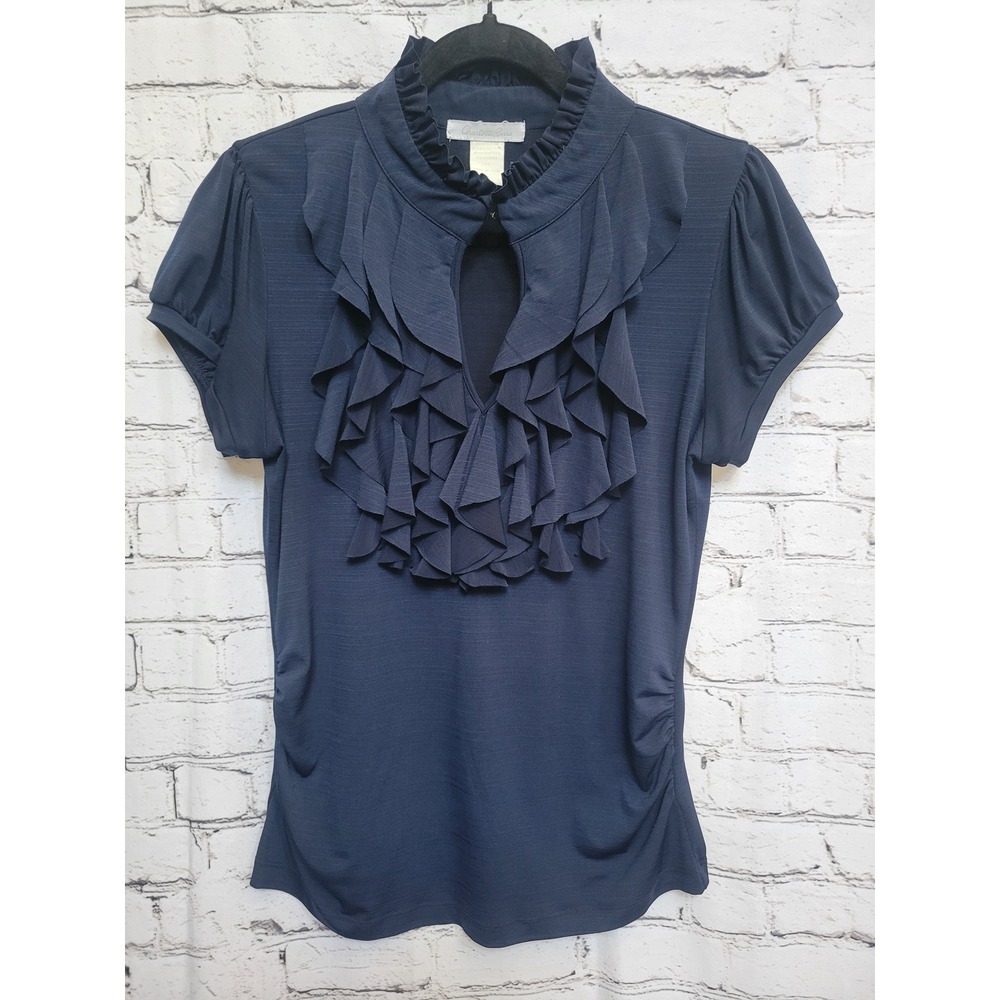 Vintage Y2K Charlotte Russe Navy Blue Ruffle Keyhole Blouse Large